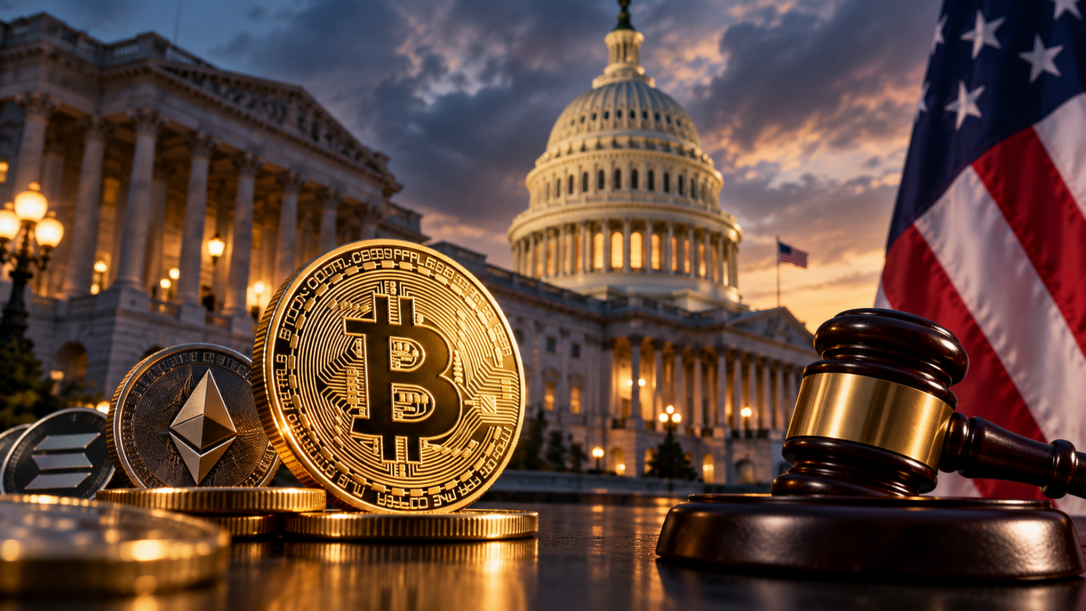 Bitcoin and U.S. Capitol representing the Senate crypto CLARITY Act vote