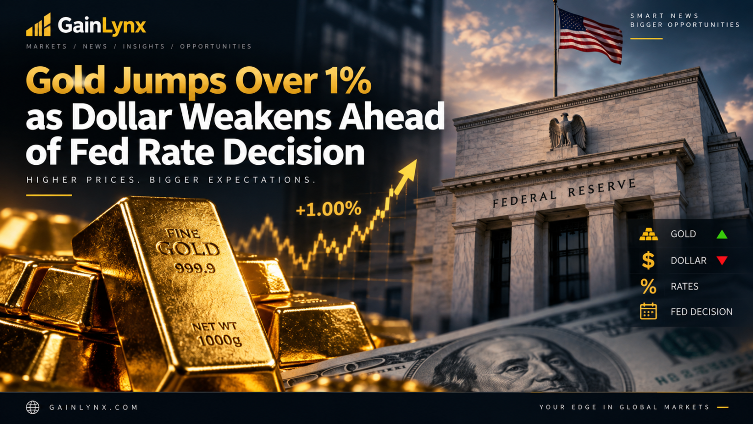 Gold jumps over 1% as dollar weakens ahead of Fed rate decision