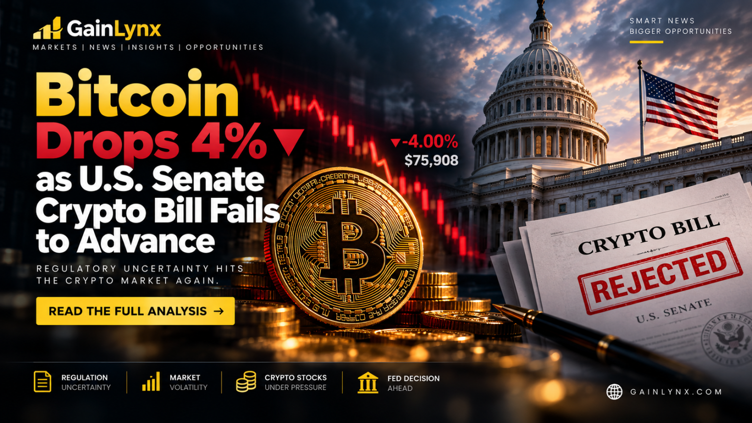 Bitcoin drops 4% as U.S. Senate crypto bill fails to advance