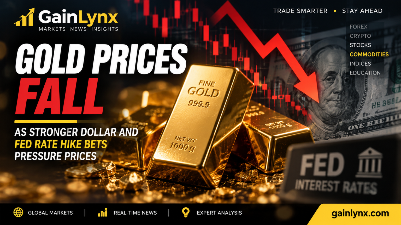 Gold prices fall as stronger dollar and Fed rate hike expectations pressure gold