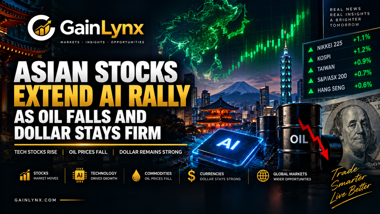 Asian stocks extend AI rally as technology shares rise while oil prices fall and the US dollar stays firm