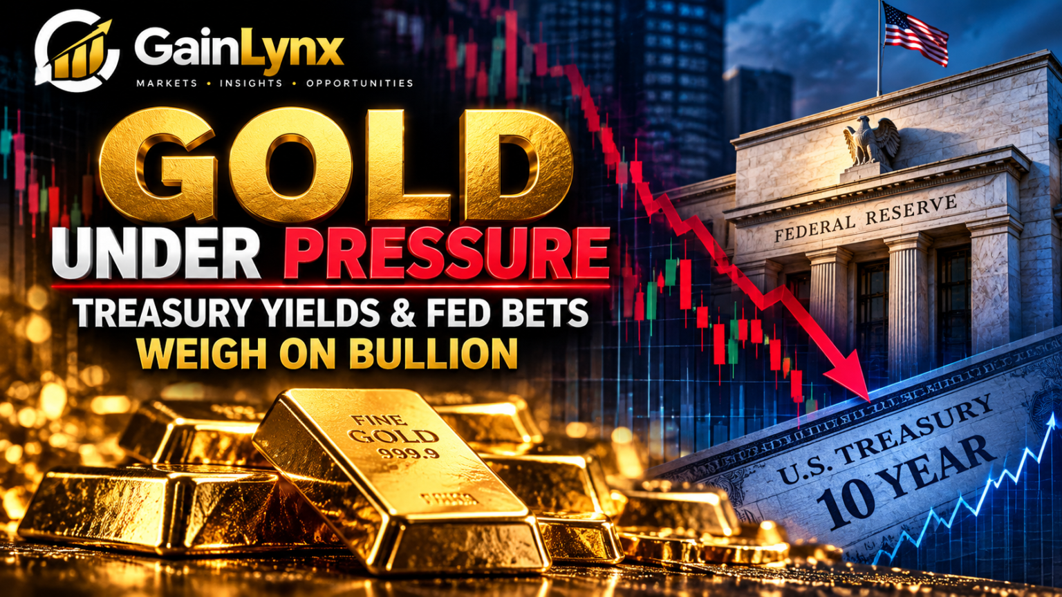 Gold Heads for Weekly Loss as Treasury Yields Surge and Fed Rate Bets Rise Gold bars and market charts illustrating pressure on gold prices from rising Treasury yields and Federal Reserve rate expectations.