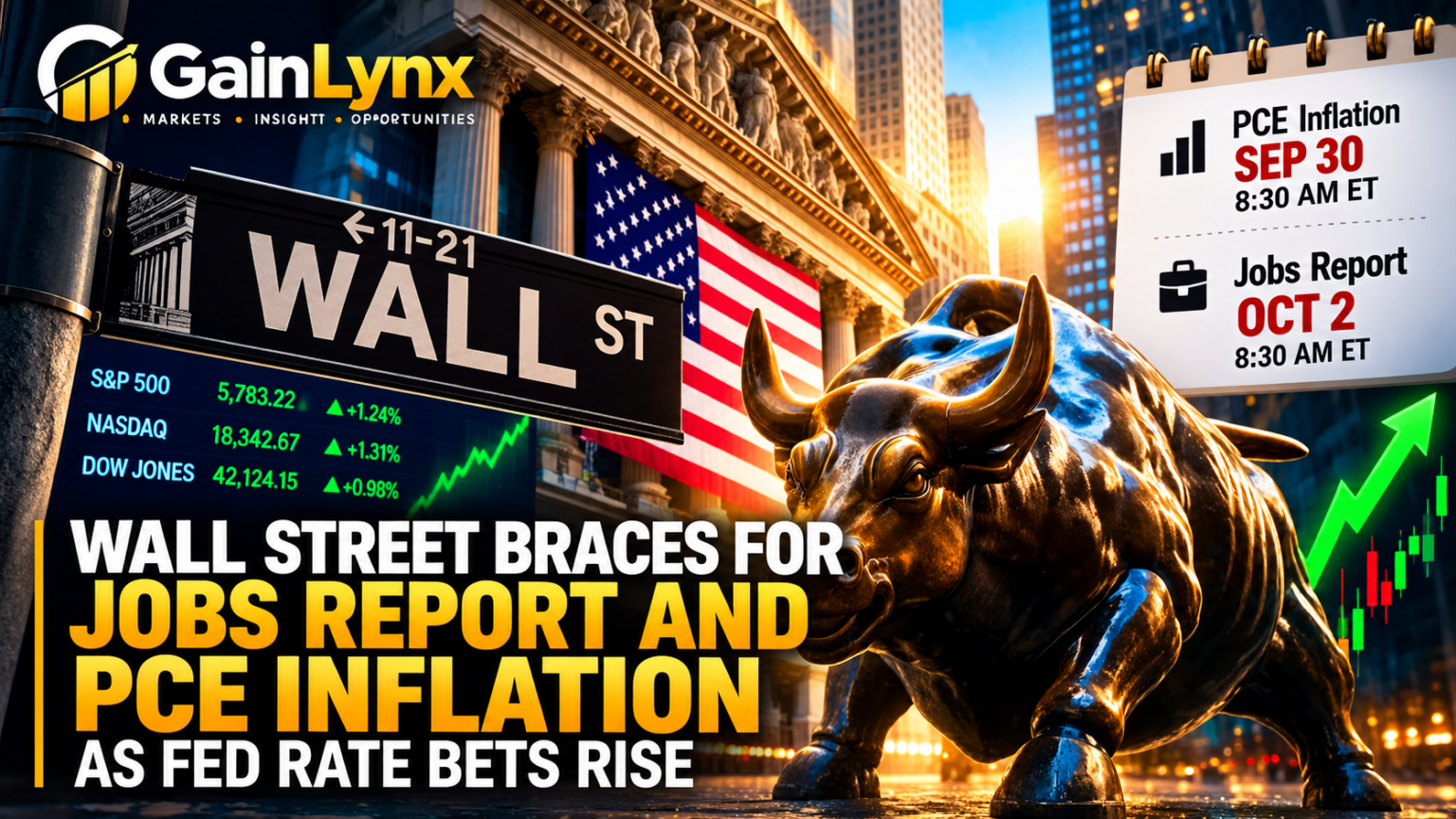Wall Street, U.S. flag and bull market graphic highlighting the upcoming U.S. jobs report and PCE inflation data.