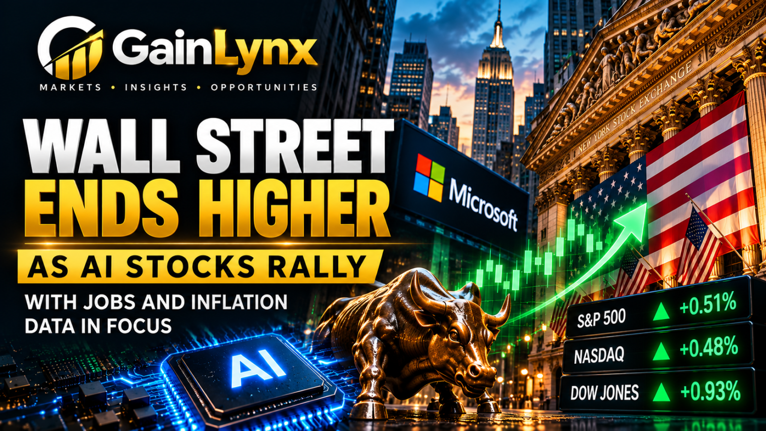 Wall Street and AI technology illustration representing gains in U.S. stocks