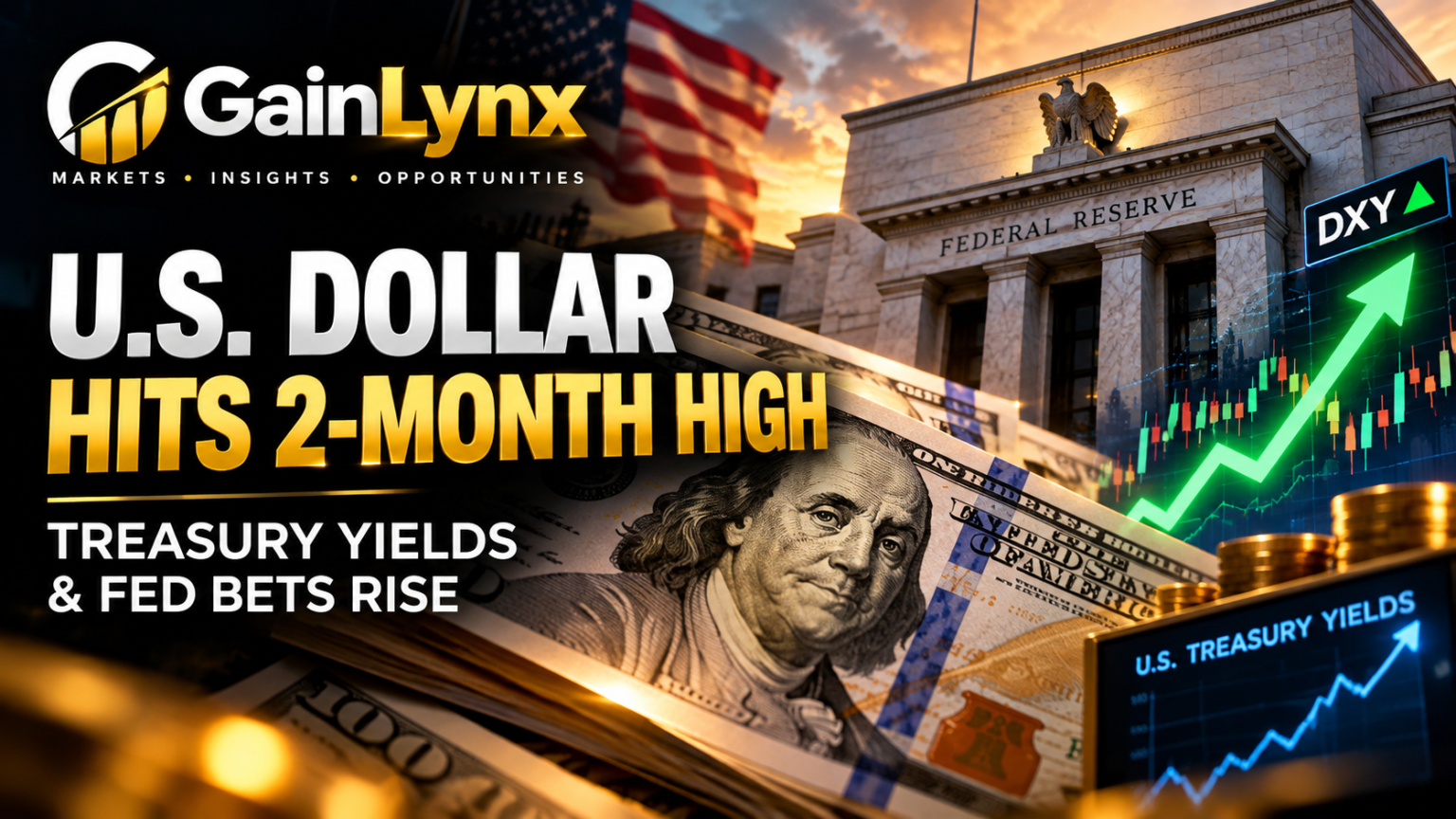 U.S. dollar banknotes with Federal Reserve and market charts illustrating rising Treasury yields and Fed rate expectations.