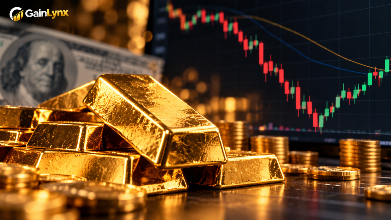 Gold bars beside a financial market chart as gold rebounds from a seven-week low
