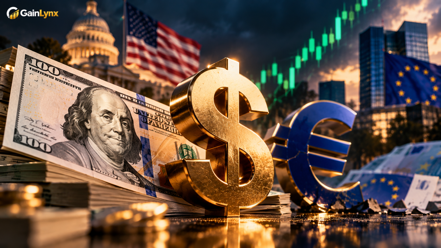 U.S. dollar and euro currencies as the dollar heads for its biggest monthly gain against the euro in 14 months