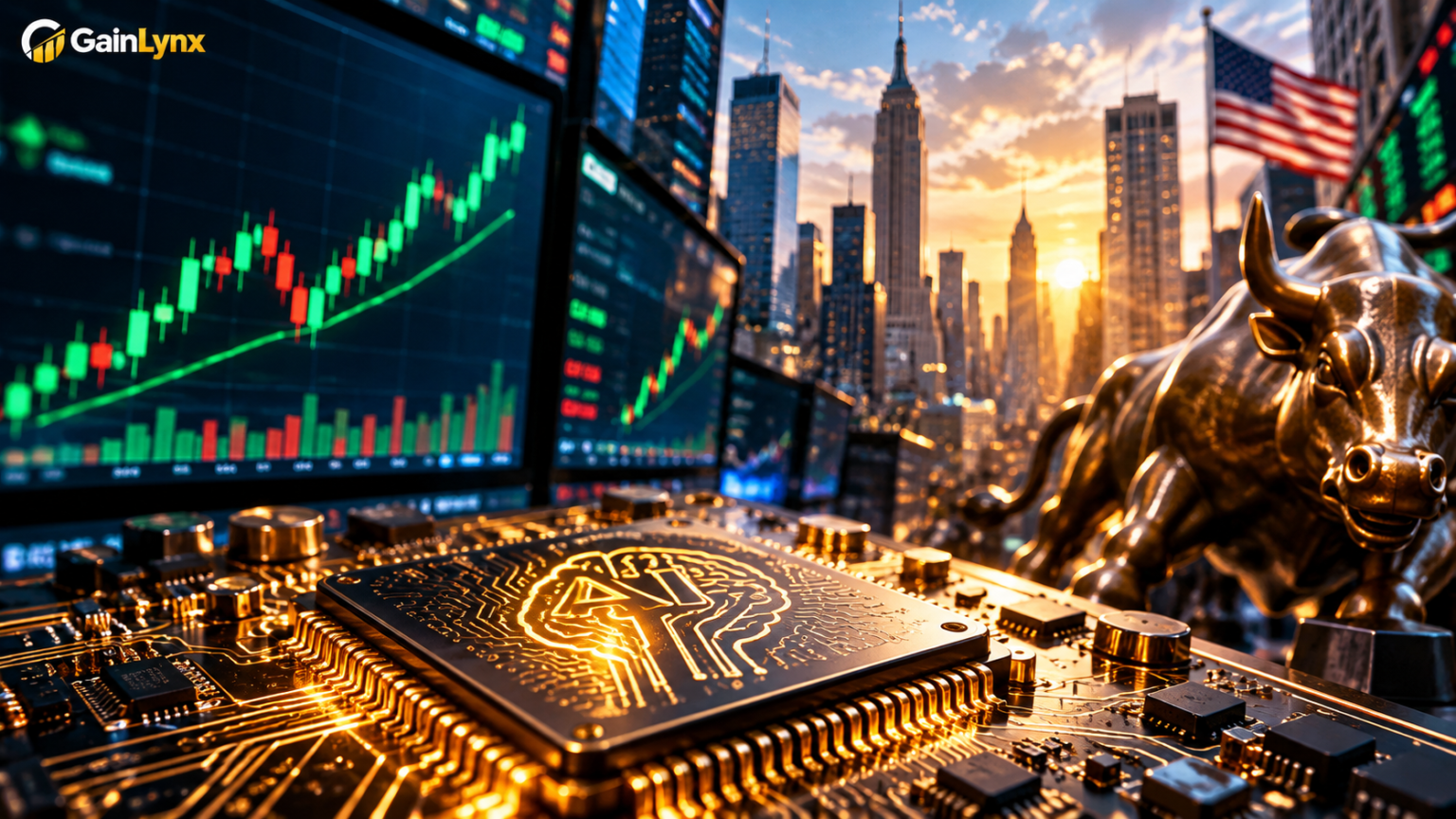 Global stocks rebound as AI debt concerns ease, illustrated by rising stock market charts, an AI chip, and the Wall Street bull.