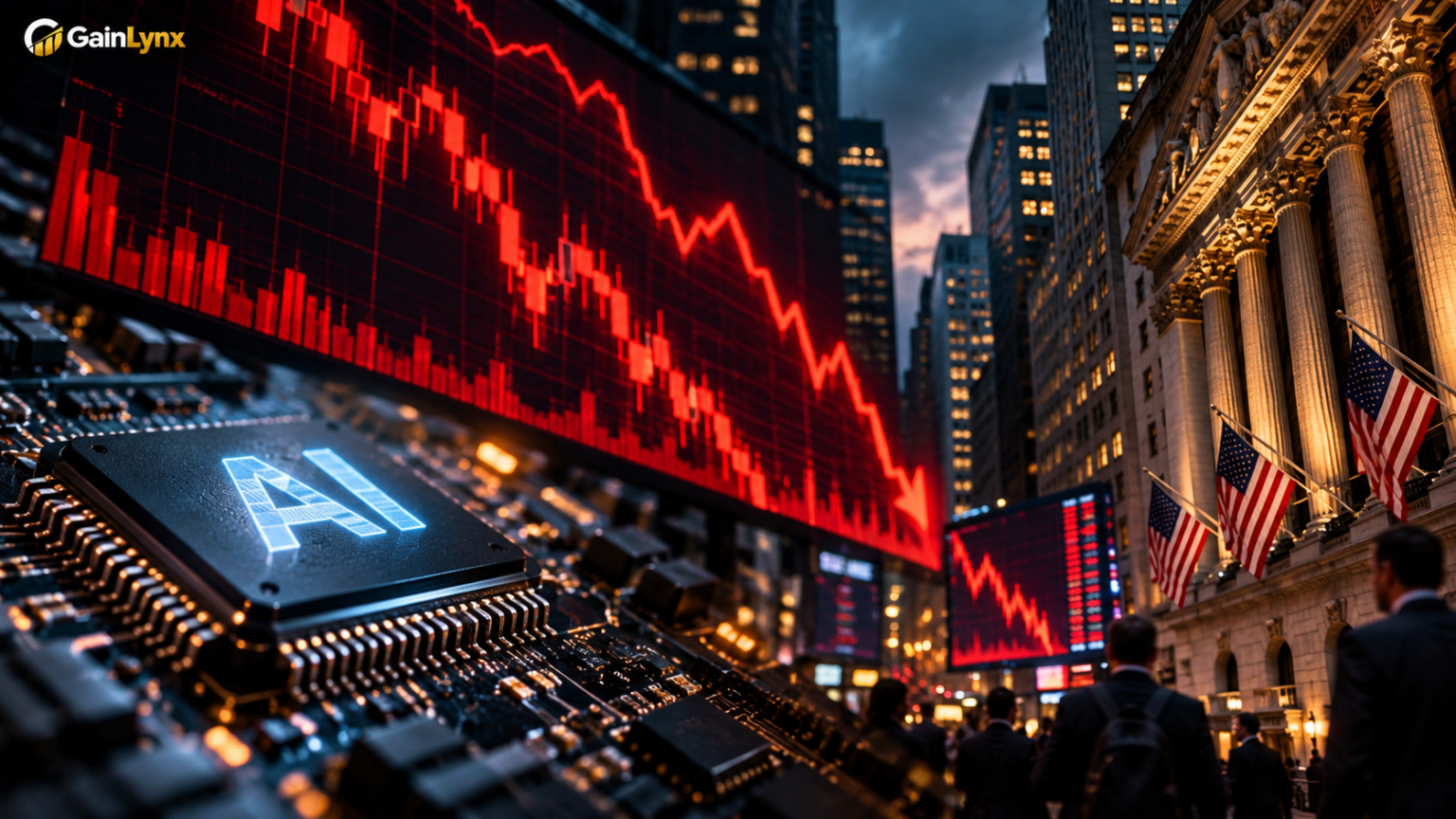 Nasdaq Slides Over 2% as AI Spending Fears Hit Wall Street Nasdaq stock market selloff illustrated by falling red charts and semiconductor chip imagery amid AI spending concerns.