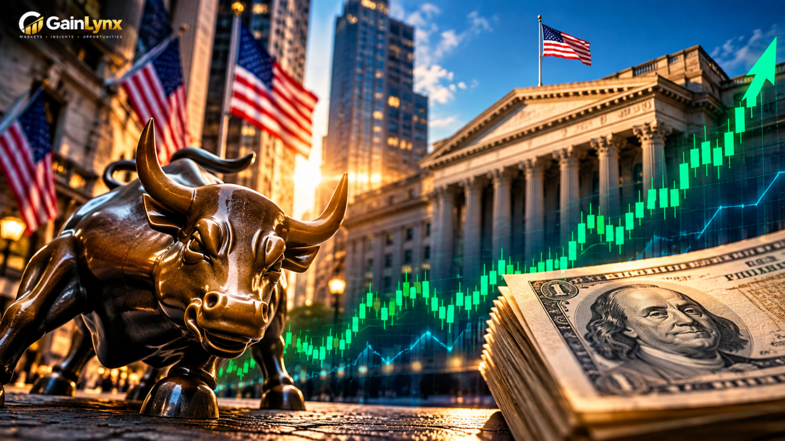 Wall Street bull, U.S. Treasury building and rising stock market chart as Treasury yields ease