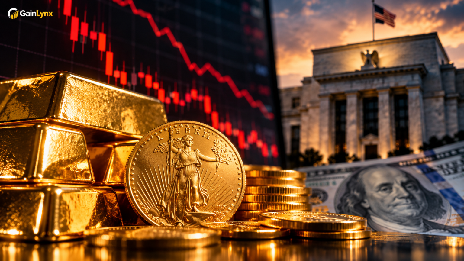 Gold bars as prices fall ahead of Federal Reserve minutes