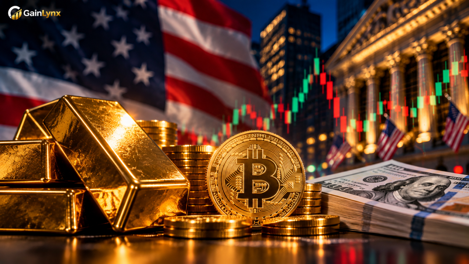 US CPI inflation report market outlook featuring gold, Bitcoin, US dollars and financial charts.