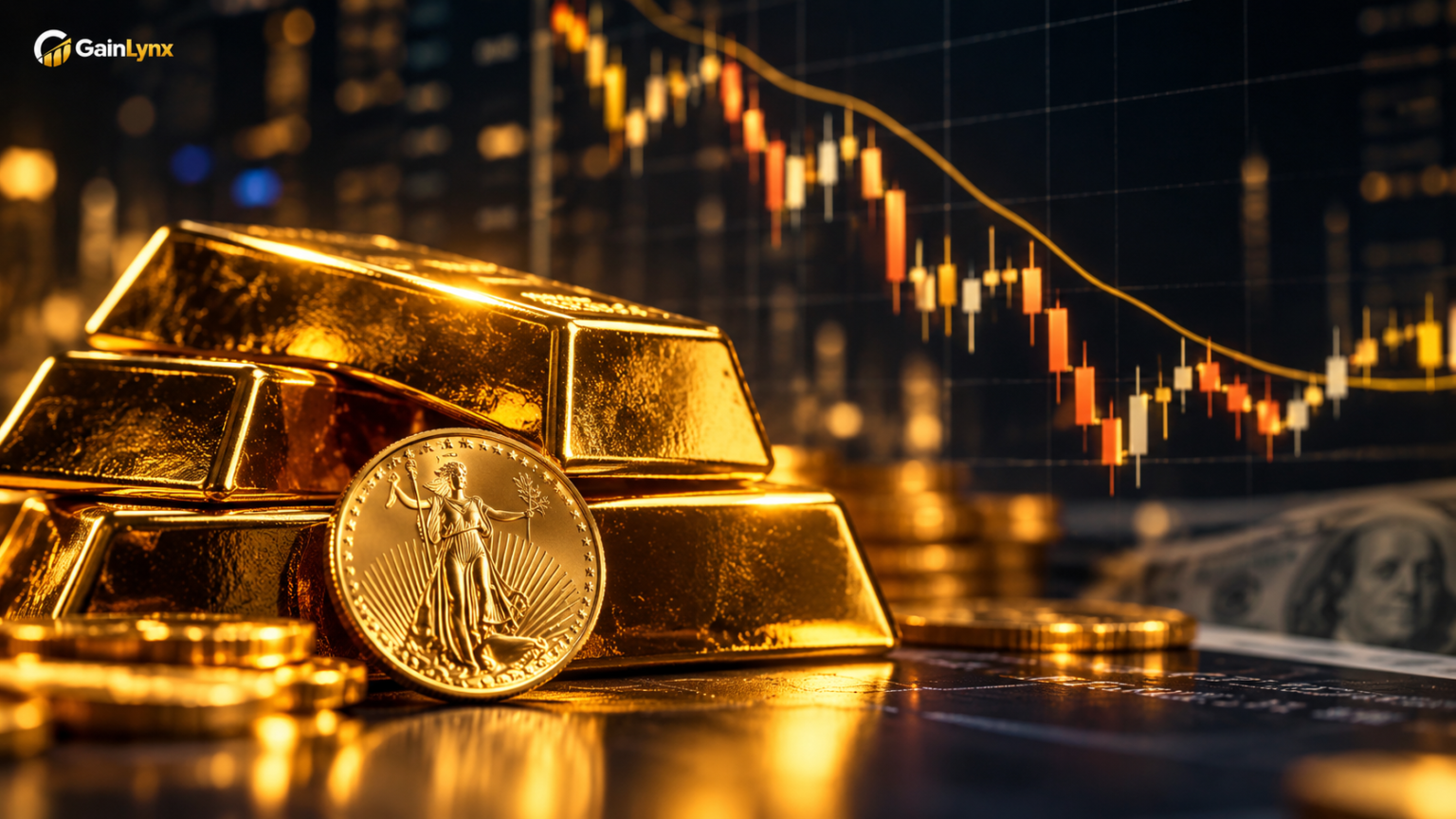 Gold bars with financial market chart illustrating the XAU/USD price outlook