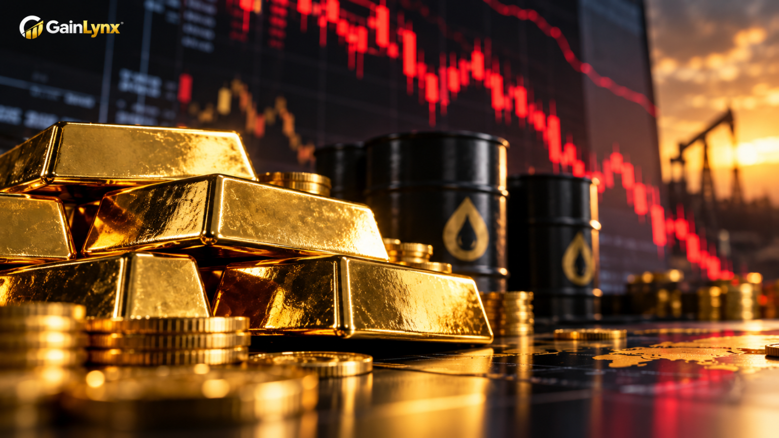 Gold bars and falling market chart illustrating gold prices dropping below $4,000 amid oil and Fed rate concerns