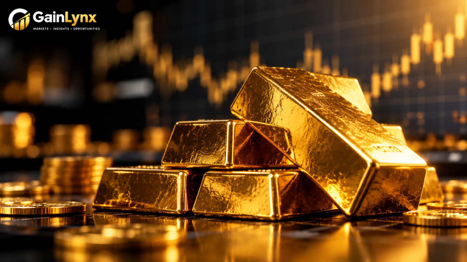 Gold Prices Slip as Strong Dollar Keeps Traders Cautious Ahead of US CPI Gold bars and coins illustrating gold prices ahead of US CPI inflation data, with the GainLynx logo.