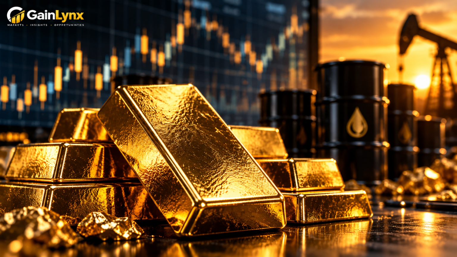 Gold bullion bars with oil barrels and financial trading charts illustrating gold price movements and oil market trends.
