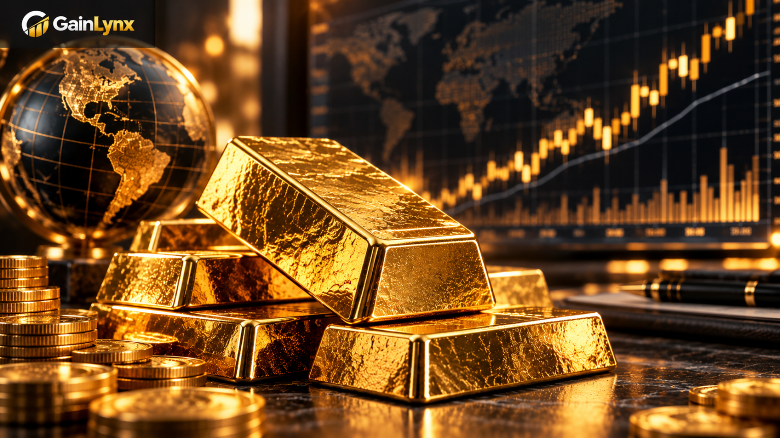Gold bars and coins with a financial trading chart as gold prices rise ahead of US inflation data