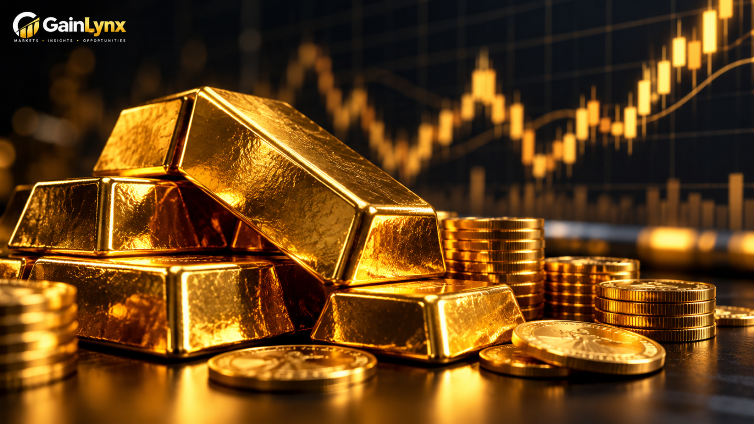Gold bars and coins with a rising financial chart illustrating gold's rebound above $4,000 ahead of the Federal Reserve decision.