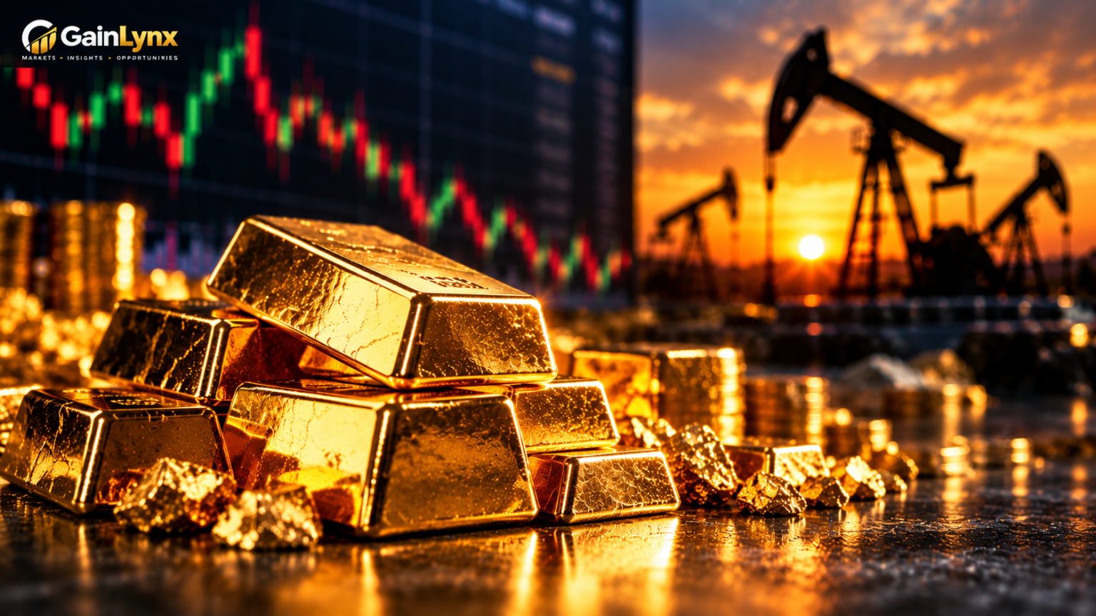Gold bullion bars illustrating the decline in gold prices amid oil-driven inflation concerns ahead of the Federal Reserve meeting.
