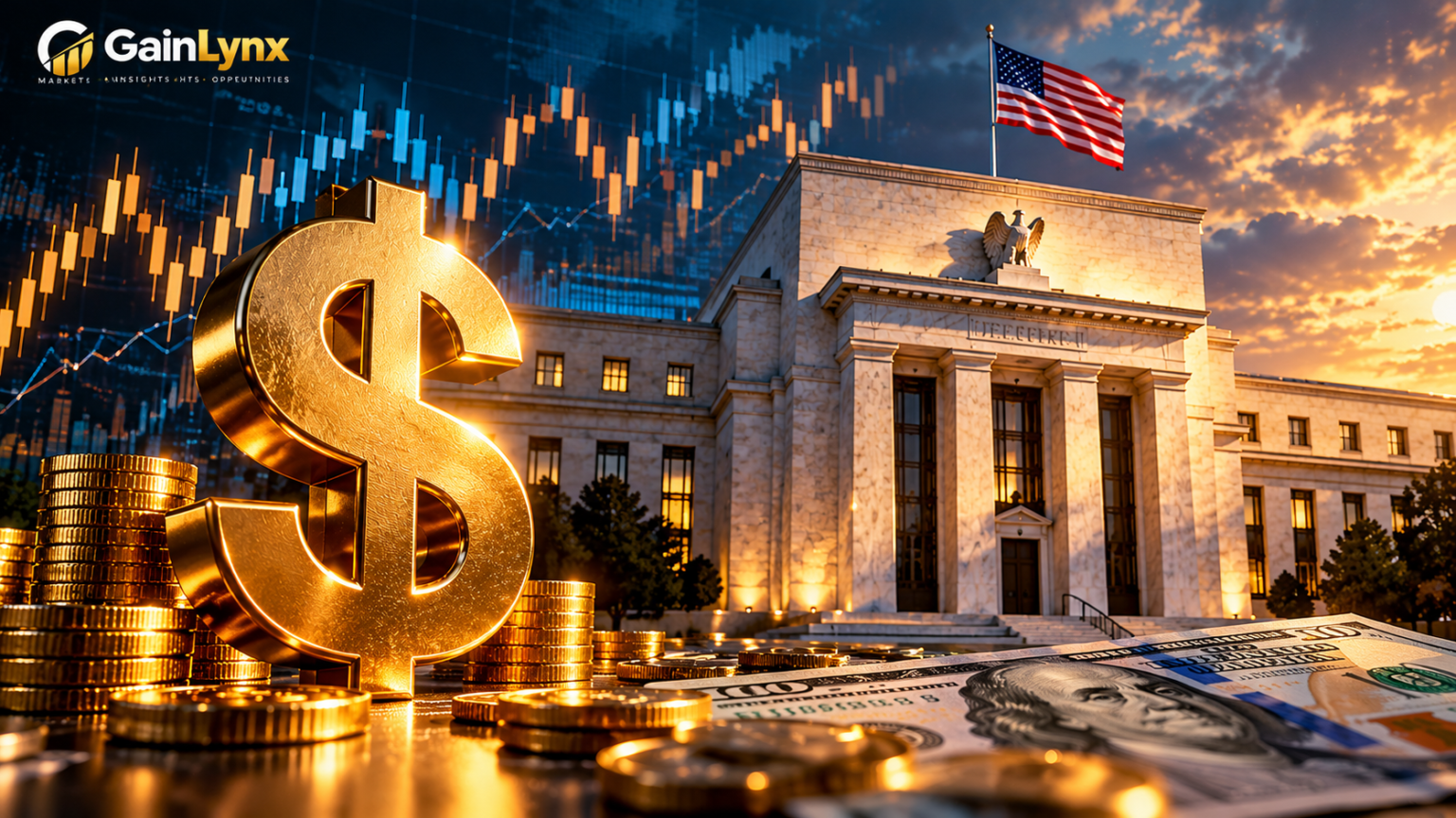 US Dollar Outlook: What to Watch Ahead of the Federal Reserve Decision US dollar outlook ahead of the Federal Reserve decision, featuring a golden dollar symbol, US currency, and forex market charts.