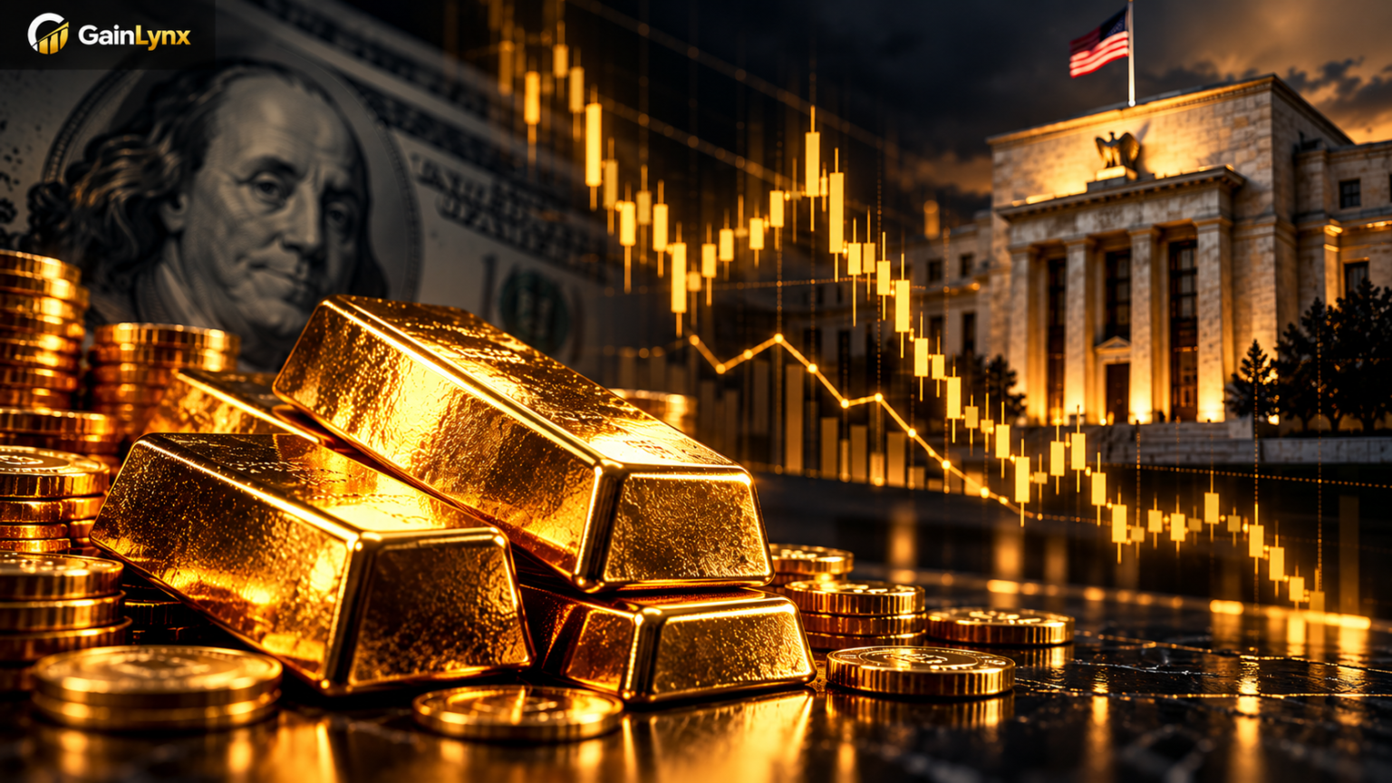 Gold bars with US dollar banknotes, Federal Reserve building, and financial charts illustrating gold prices near $4,165.