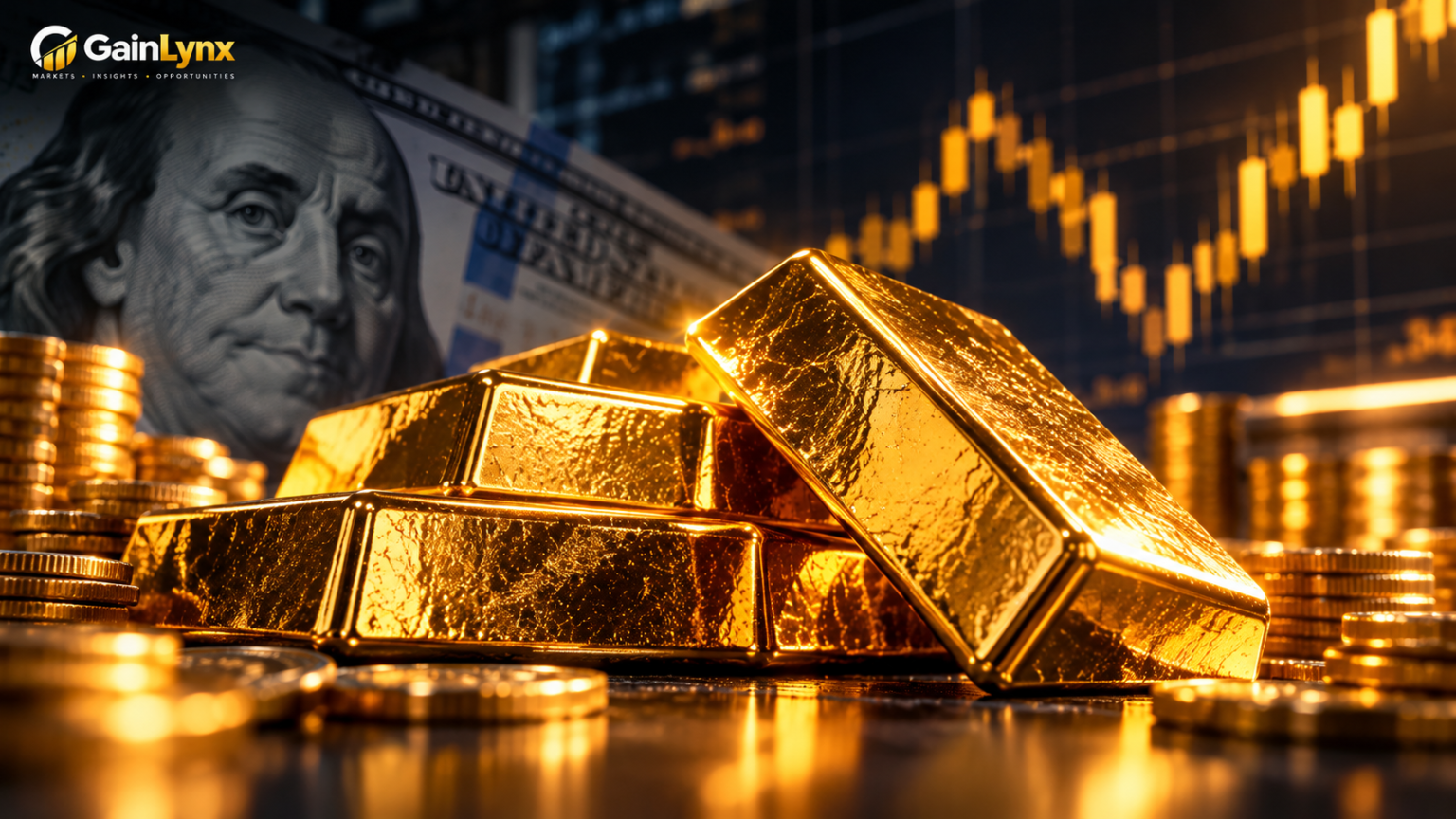 Gold bars and US dollar banknote with financial market charts illustrating the rebound in gold prices as Treasury yields fall.