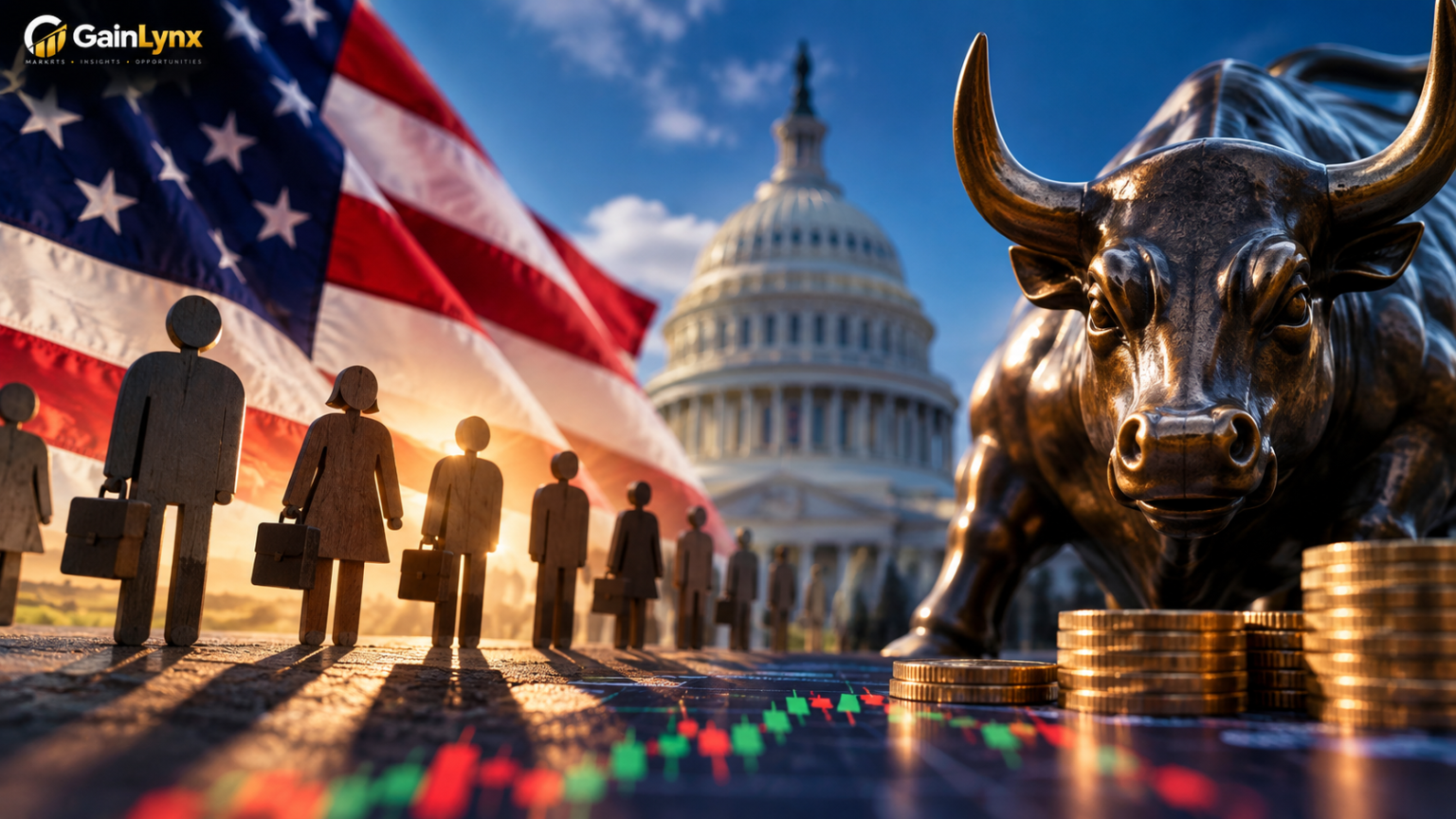 U.S. jobs report and Wall Street market reaction with American flag, workers, stocks and Treasury market imagery