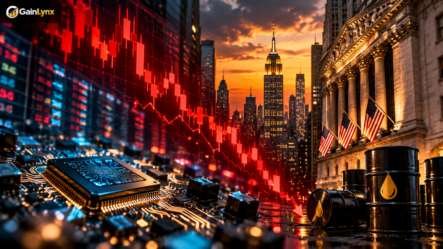 Wall Street selloff with falling red stock market charts, AI semiconductor chips, and rising oil price concerns.