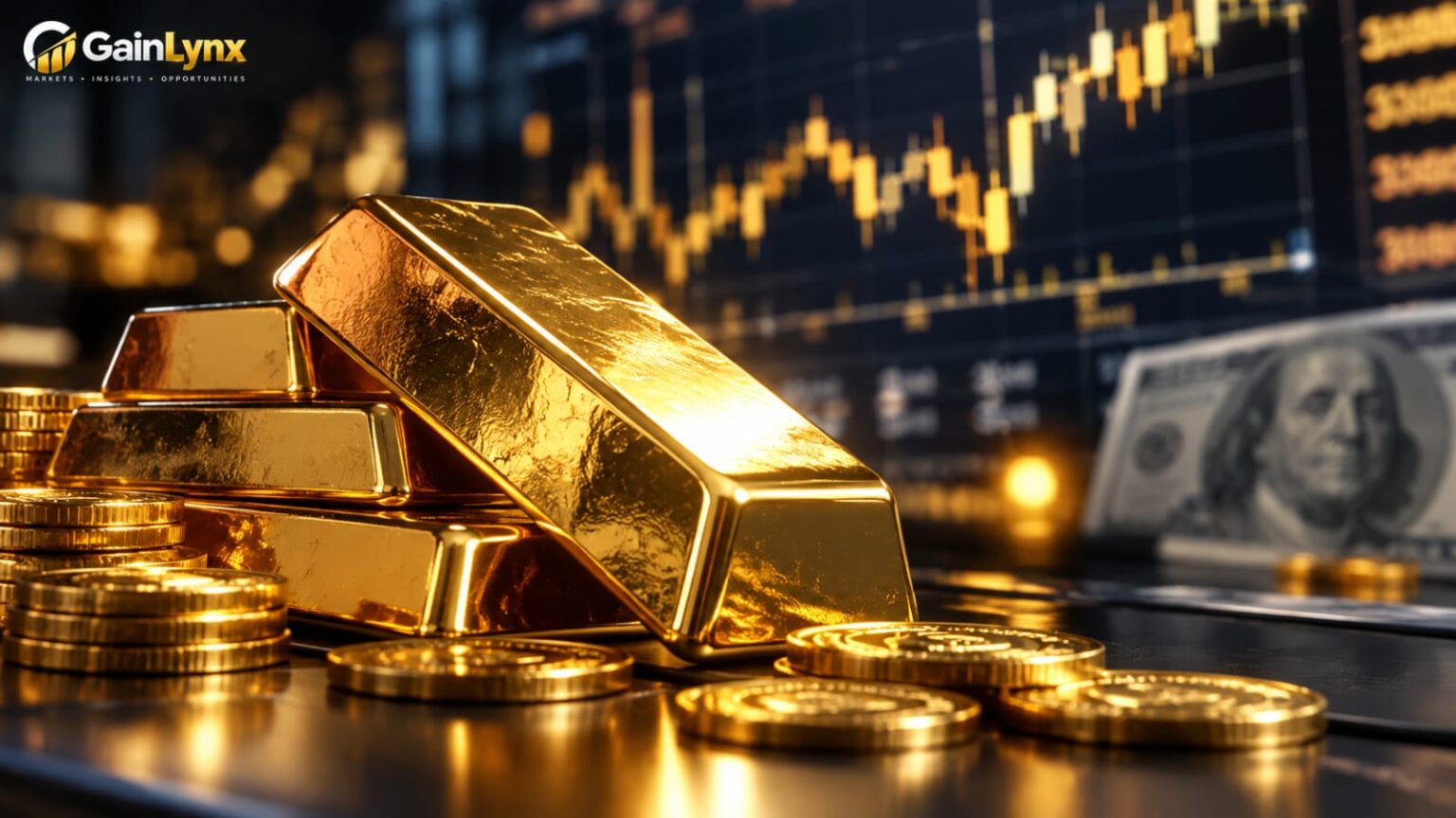 Gold bullion bars with financial market charts illustrating the gold price outlook and US Treasury yields.